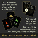 Game scenario cards with humorous and offensive content on a dark background