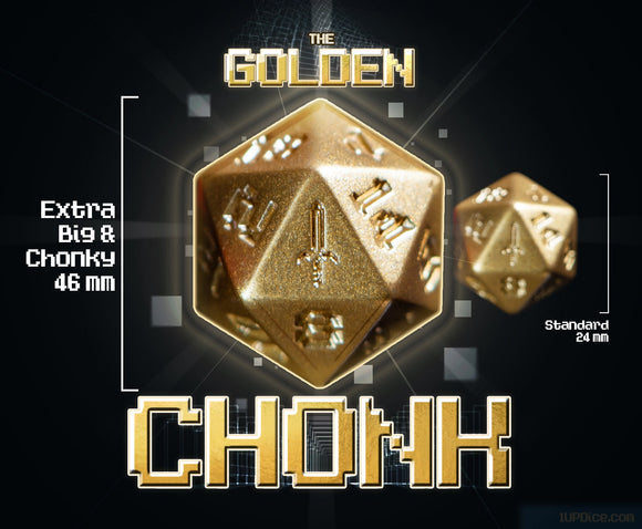 Gold polyhedral dice with 'The Golden Chonk' branding on a dark background