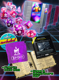 Set of dice with a fabric dice bag and game adventure PDF on a colorful background