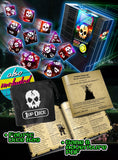 Collection of dice, dice bag, and game materials with glowing effects on a dark background