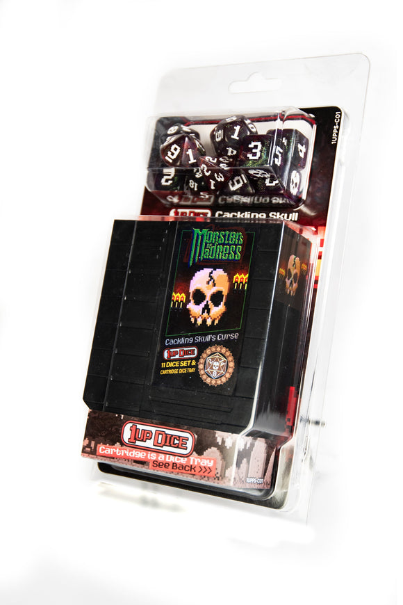 Dice set in packaging with visible branding on a white background