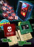 Collection of dice, dice bag, and game materials with a dark background