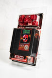 Packaged dice set with red dice and black and red box on a white background