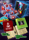 Collection of dice, a dice bag, and game materials on a dark background