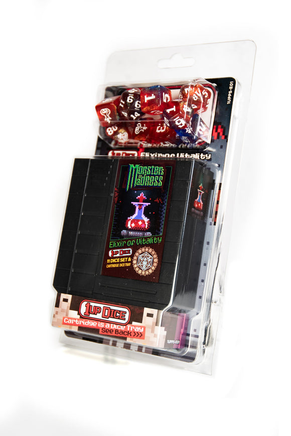 Dice set with packaging featuring a game box on a white background