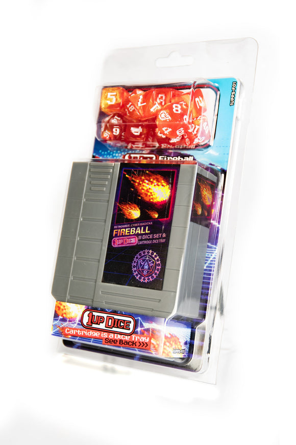 Dice set in packaging with 'Fireball' text on a white background