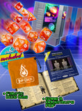 Collection of dice, a dice bag, and game materials on a colorful background