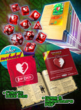 Game components including dice, dice bag, and game book with text overlay on a colorful background.