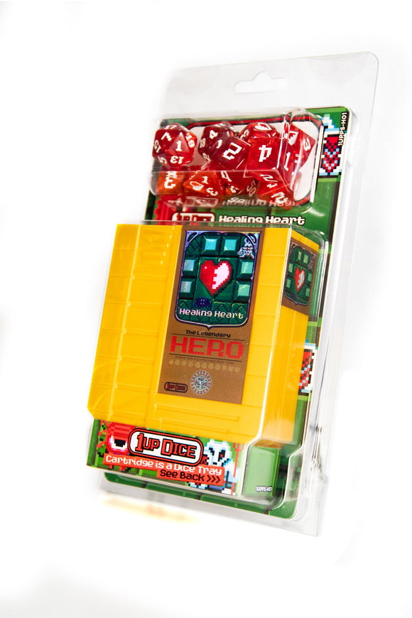 Packaged dice set with a yellow die and red dice on a white background