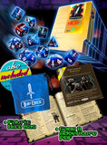 Game components including dice, a dice bag, and game materials on a colorful background
