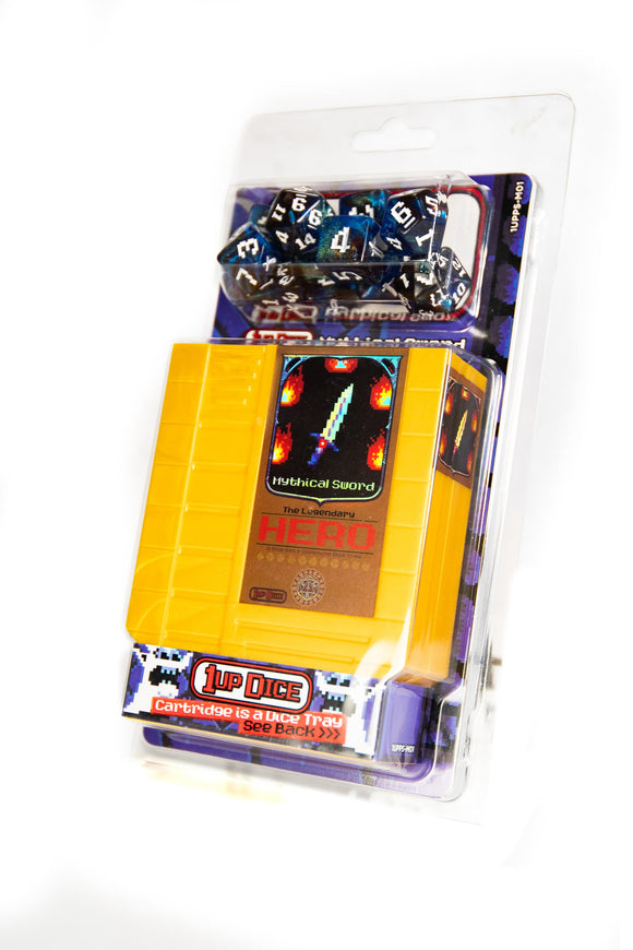 Dice set in packaging with a yellow box labeled 'Hero' on a white background