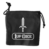 Black drawstring bag with '1UP Dice' logo featuring a sword on a white background