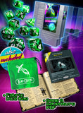 Collection of gaming accessories including dice, a dice bag, and a game book on a colorful background.