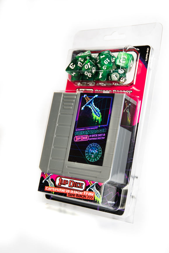 Packaged set of green dice with a digital display and branding on a white background