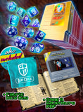 Game components including dice, dice bag, and game book with '1 Up Dice' branding.