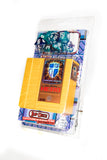 Packaged dice set with a card featuring 'The Hero' character on a white background