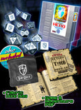 Collection of gaming items including dice, a fabric dice bag, and game materials on a dark background.