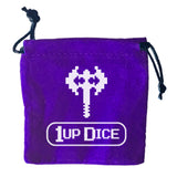Purple drawstring bag with '1UP DICE' logo on a white background