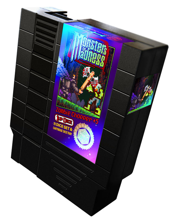 Black game cartridge with colorful game cover featuring 'Monster Madness' on a white background