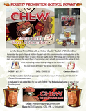 Advertisement for 'Mother Cluckin' Bucket of Chicken Dice' by CHEW, featuring cartoon character and dice set.