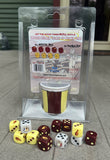 Set of dice with a transparent packaging showing dice designs and text.