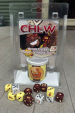 Dice set with 'CHEW' packaging featuring cartoon characters and a cup.