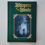 Book titled 'Whispers of the Woods' with a forest scene on the cover against a white background
