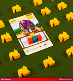 Board game card with 'Bakery' theme surrounded by yellow town building pieces on a green background.
