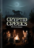 Book cover of 'Cryptid Creeks' by Hatchlings Games with a campfire scene and cat on a rock.