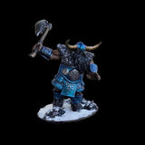 Fantasy figurine with blue armor and axe on a black background