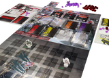 Board game with various cards and pieces on a checkered board