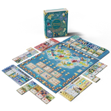 Board game set with colorful board and cards on a white background