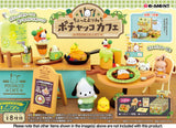 Toy set with Pochacco characters and cafe-themed items, featuring a checkered background.