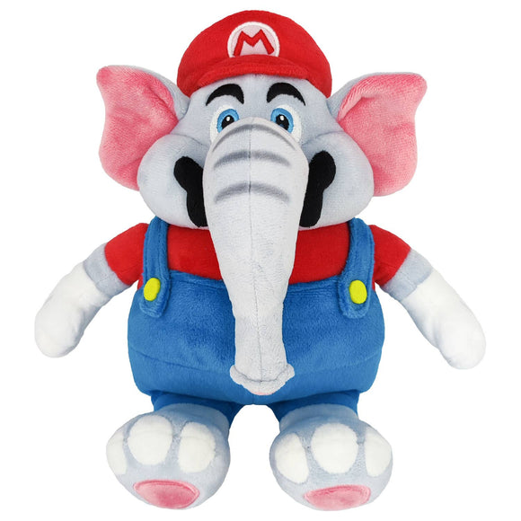 Plush toy elephant wearing a red cap and blue overalls on a white background