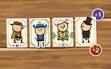 Four card illustrations with cartoon characters on a wooden surface