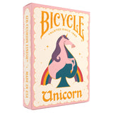 Bicycle Unicorn playing cards packaging with a pink border and colorful unicorn illustration.