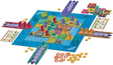 Board game with colorful pieces and components on a blue board