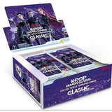 A retail display box of K-Pop Demon Hunters Collectible Trading Cards Classic Edition, featuring purple and black packaging with character artwork and the Netflix logo.