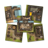 Set of five game board layouts with different room designs on a white background