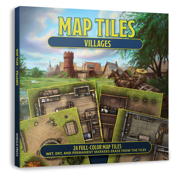 Map tiles packaging with village scene and map tiles displayed