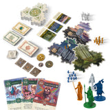 Collection of board game components including cards, figures, and scenic tiles on a white background