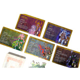 Set of colorful game cards with illustrations and text on a white background