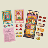 Collection of colorful stickers and cards with autumn-themed designs on a beige background