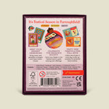 Card game box with colorful illustrations and text on a beige background