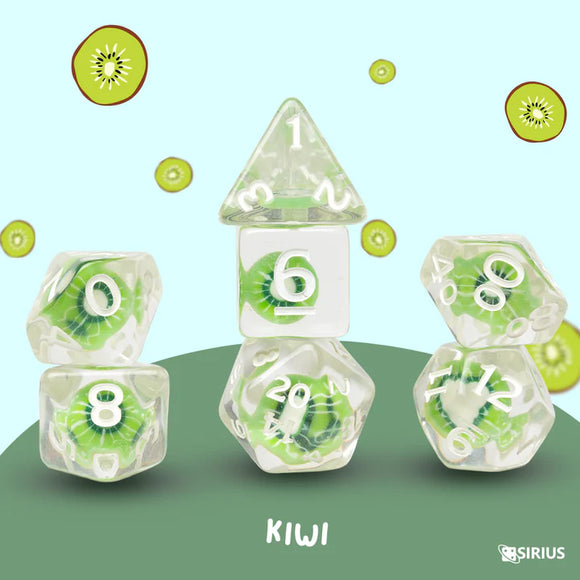 Set of transparent dice with kiwi design on a light blue and green gradient background.