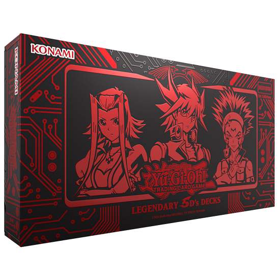 Konami Yu-Gi-Oh! trading card game box with character illustrations on a black and red background