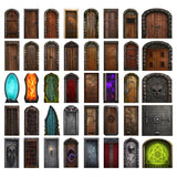 Collection of various fantasy-style doors with different designs and colors on a white background.