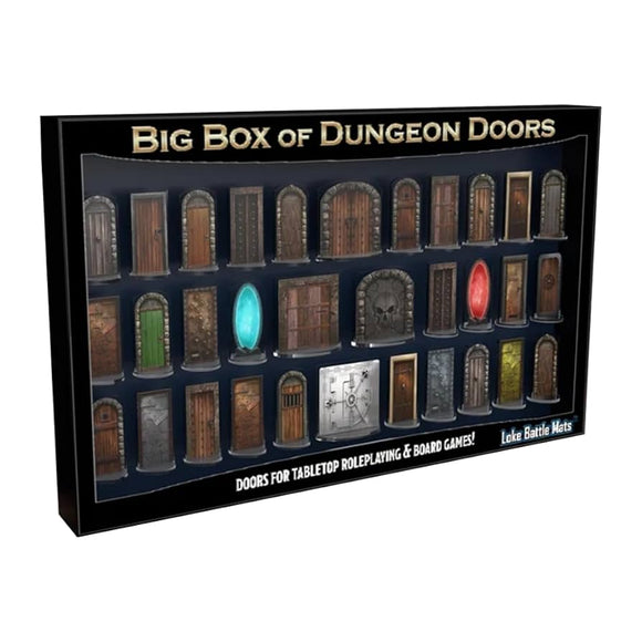 Box of 'Big Box of Dungeon Doors' with various door designs for tabletop roleplaying games.