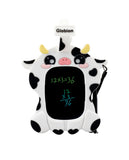 A Globion cow-shaped electronic pocket watch with a black and white spotted pattern, yellow horns, and a black display screen showing multiplication and division equations.