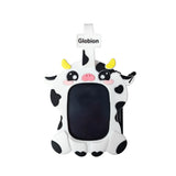 A Globion brand phone case designed in the shape of a cute black and white cow with yellow horns and a pink snout, shown on a solid white background.